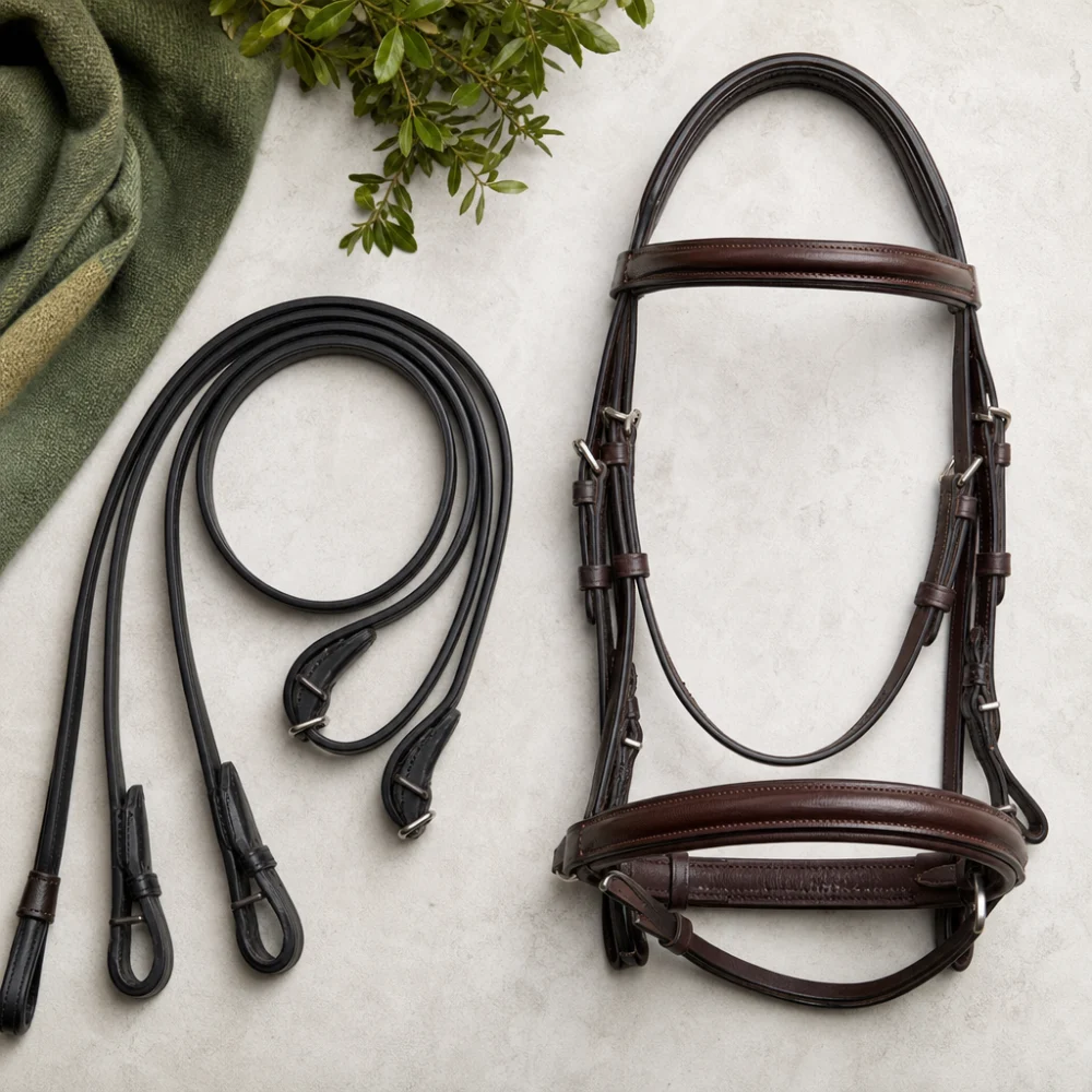 A pair of generic reins laid beside a bridle on a neutral background.