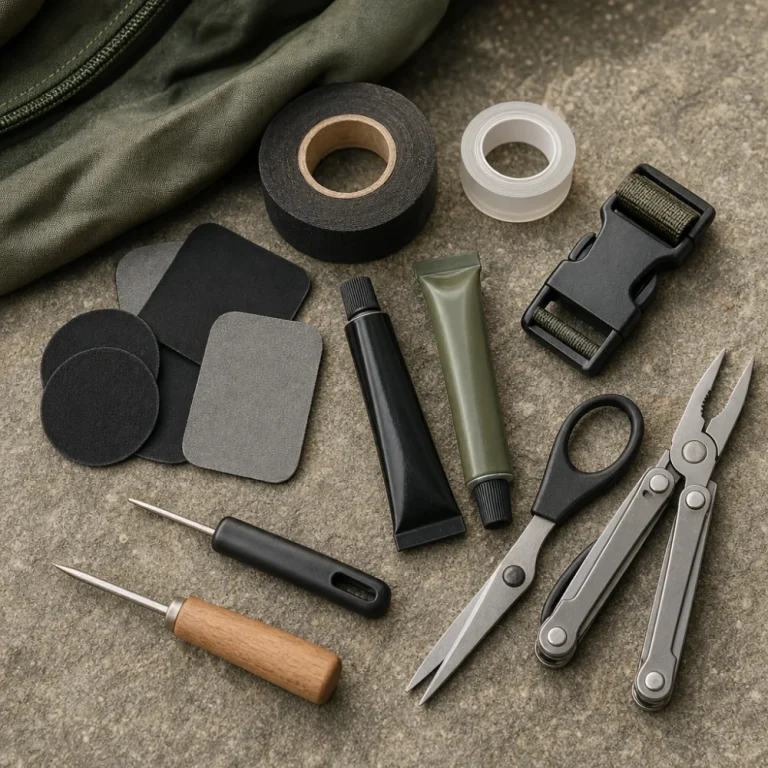 Assorted outdoor repair supplies laid out on a neutral background