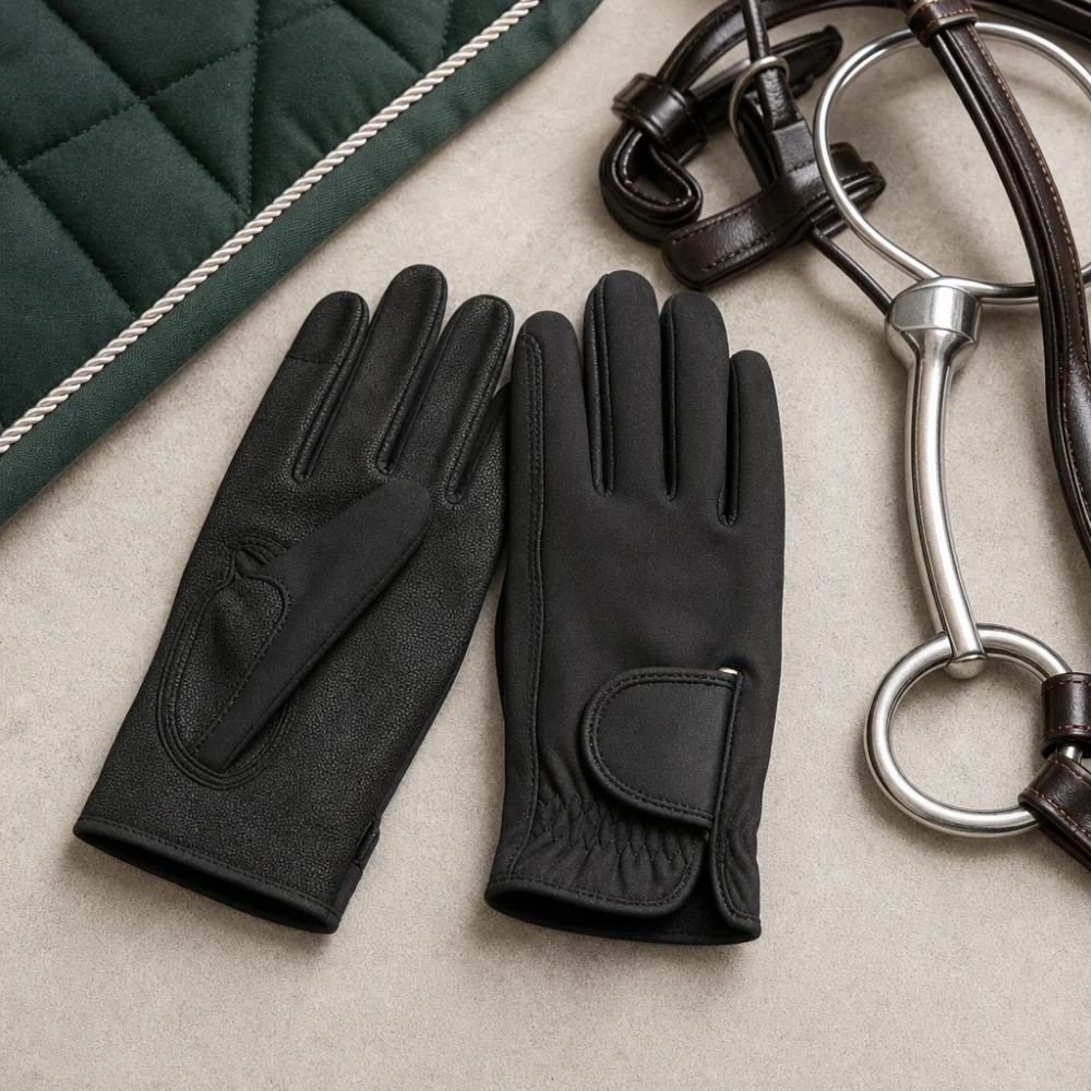 A pair of unbranded riding gloves arranged with simple equestrian gear on a neutral background.