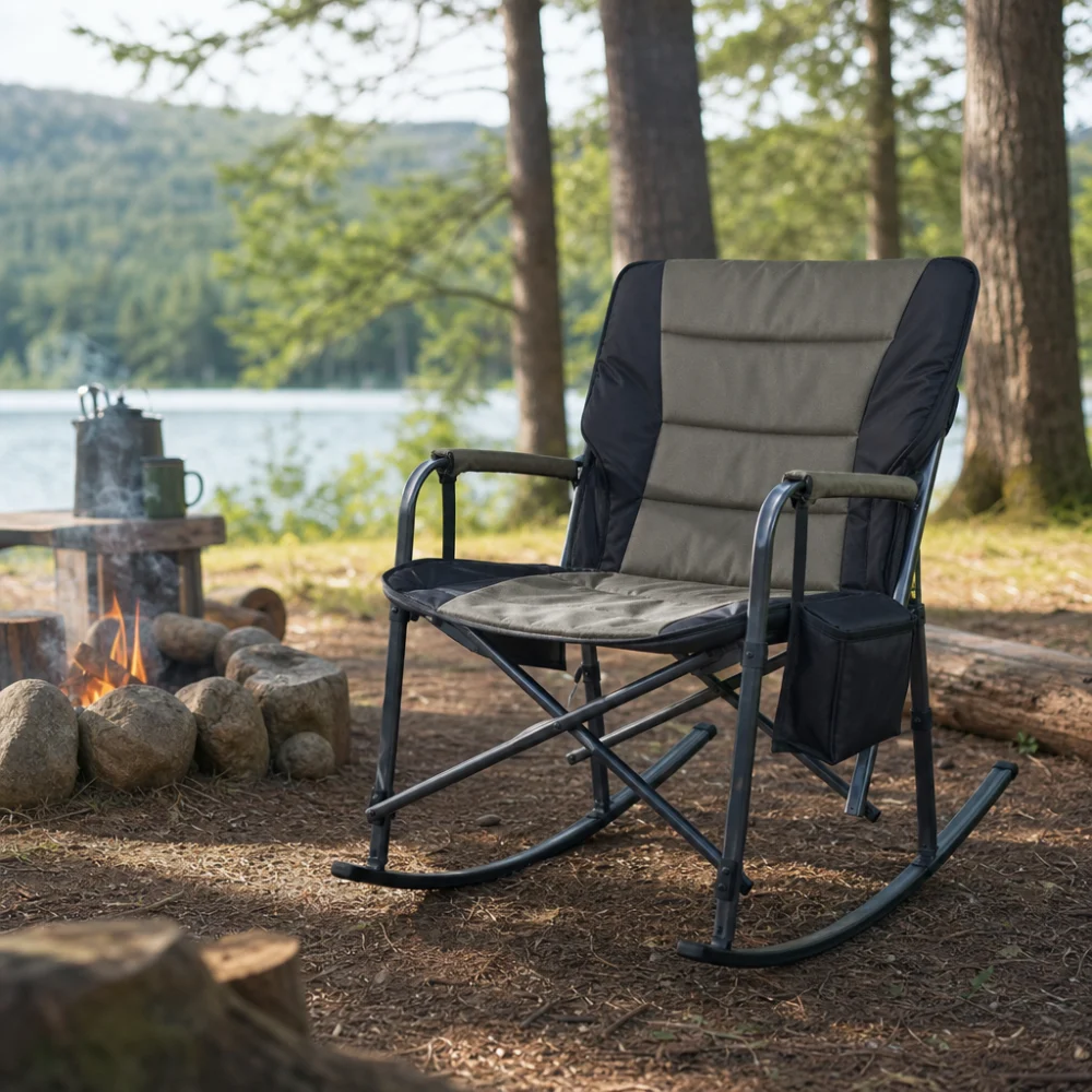A rocking camp chair set up at a campsite