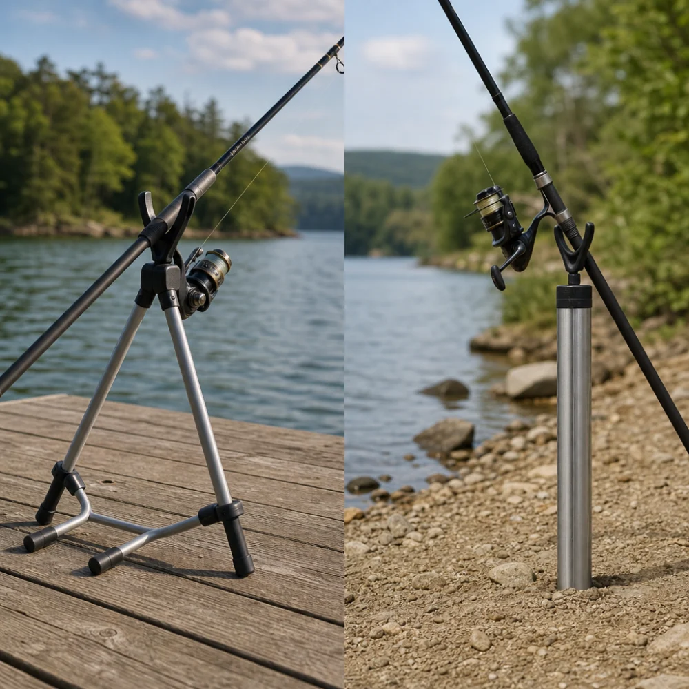 Two different fishing rod holder setups shown side by side