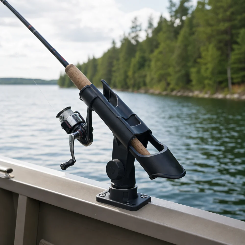 Fishing rod holder holding a rod beside the water