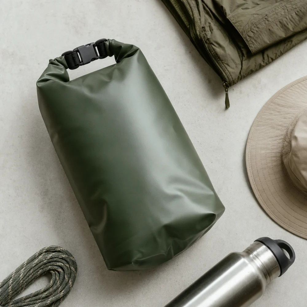 A generic roll-top dry bag with simple outdoor gear on a clean surface.