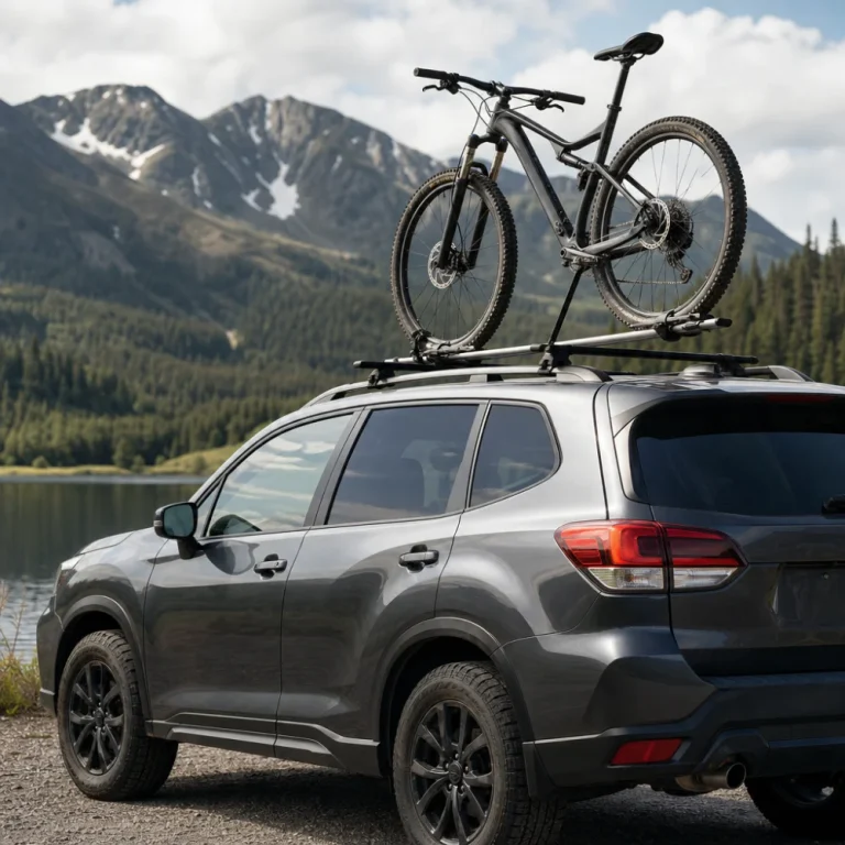 Car carrying a bicycle on a roof-mounted bike rack