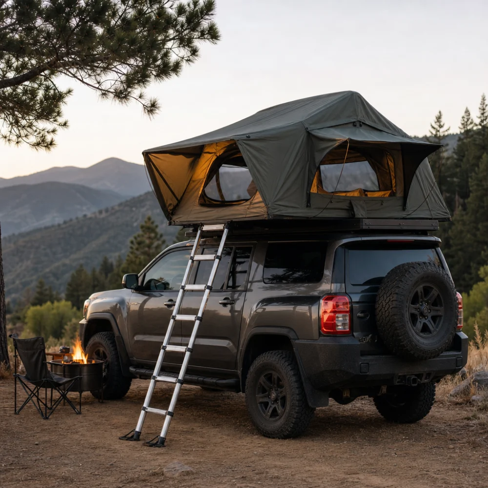A rooftop tent mounted on a vehicle at a campsite