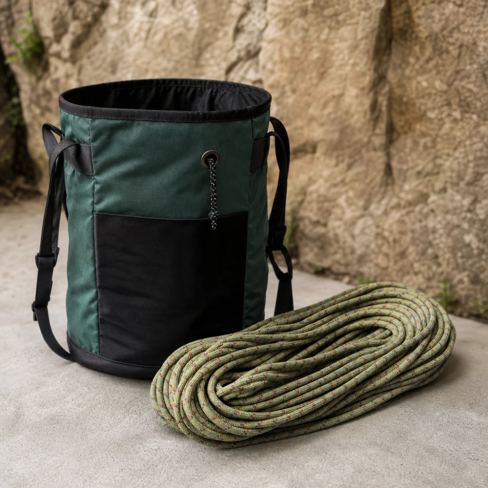 A rope bag beside a coiled climbing rope on a neutral surface