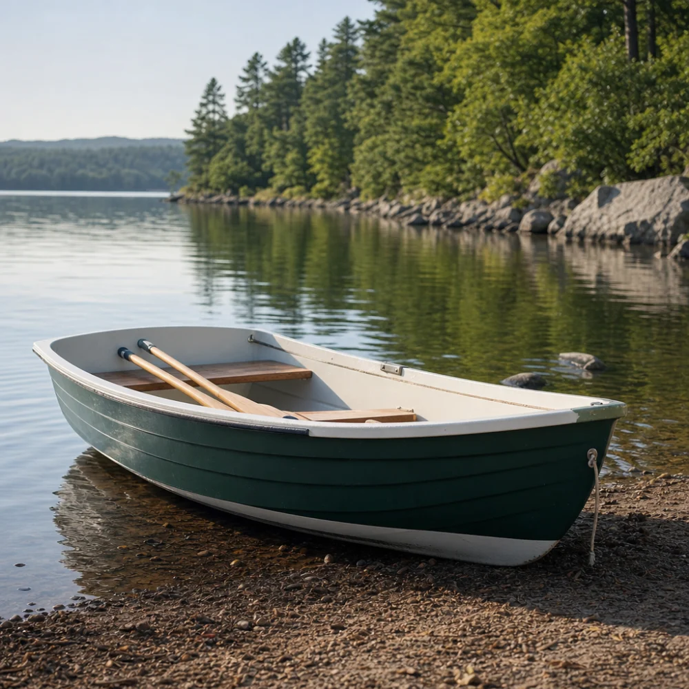 A rowboat near calm water at a simple shoreline