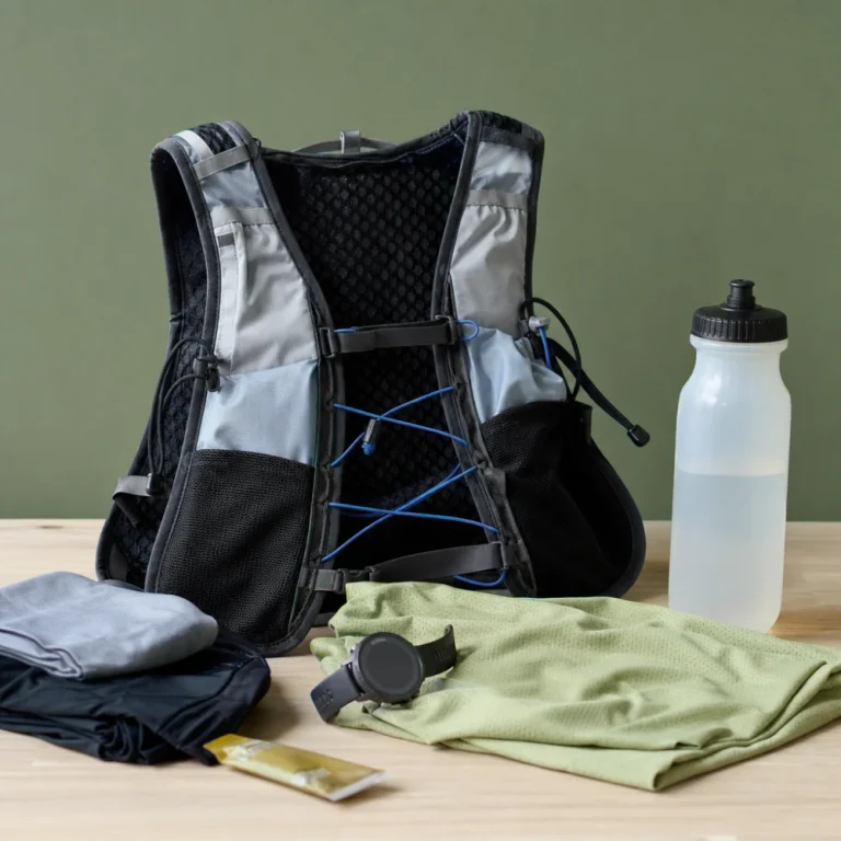 A generic running hydration pack with running essentials on a clean background.