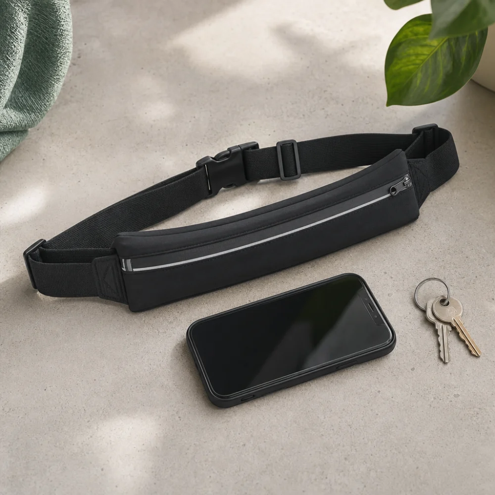 A running phone belt shown with a smartphone and keys on a neutral background.