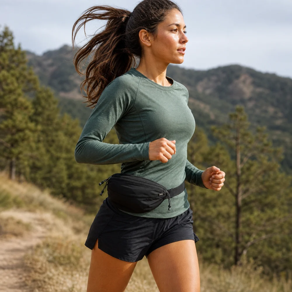 Runner wearing a waist pack while jogging outdoors