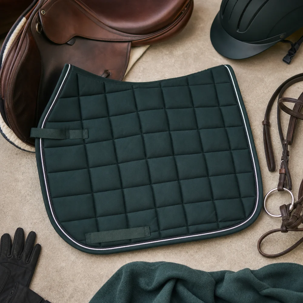 A generic saddle pad displayed with riding tack on a neutral surface.
