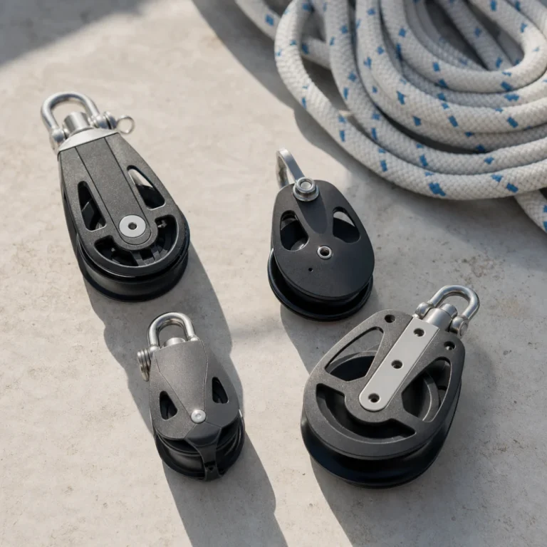 Several sailboat blocks next to coiled rope in a simple nautical flat-lay scene.
