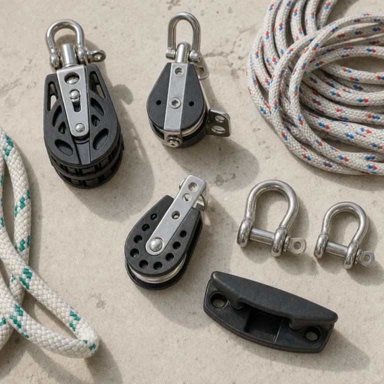 Generic sailboat rigging components arranged on a neutral background