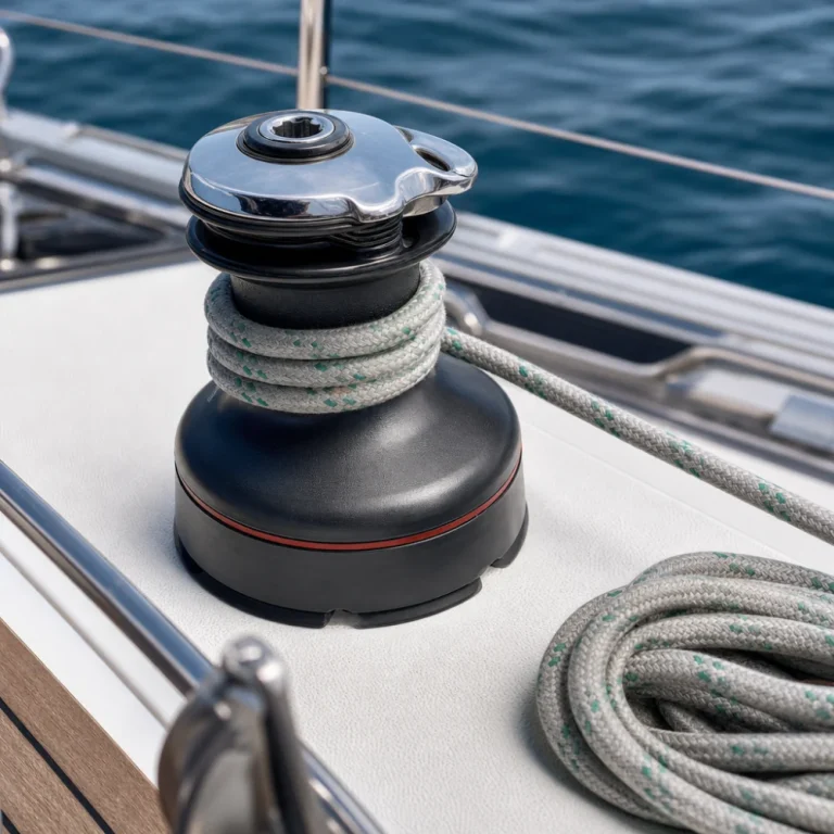A generic sailboat winch mounted on a boat deck with line nearby