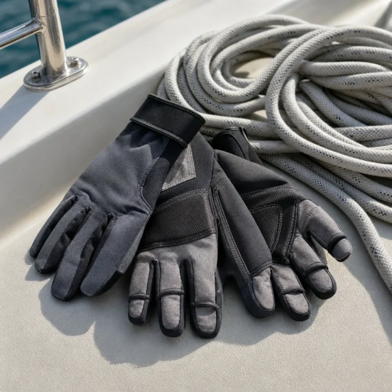 Generic sailing gloves laid beside coiled rope on a neutral surface.