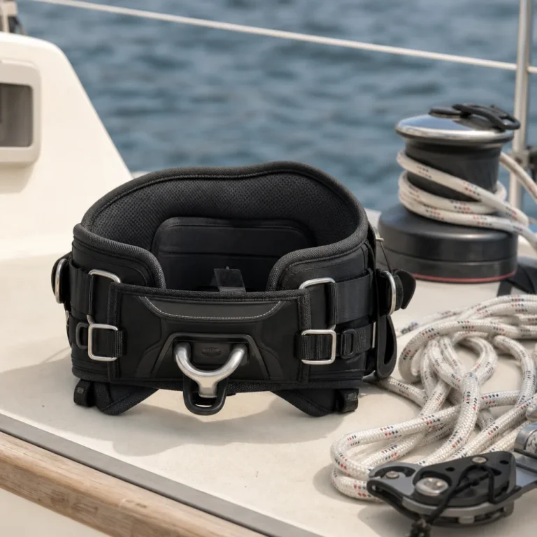 A sailing harness arranged with simple boating gear on a neutral surface