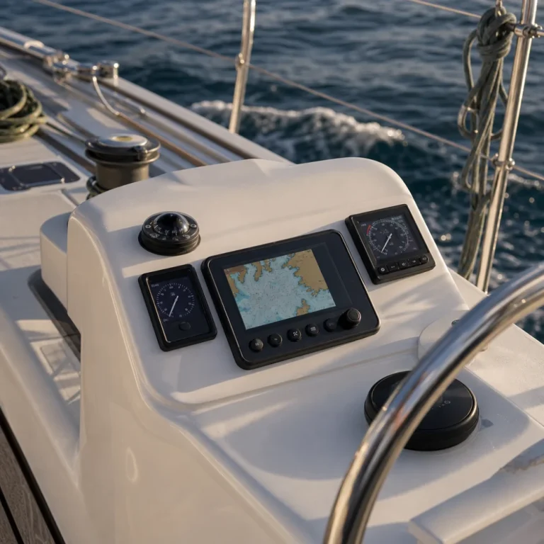 Generic sailing instrument displays and sensor components on a sailboat cockpit