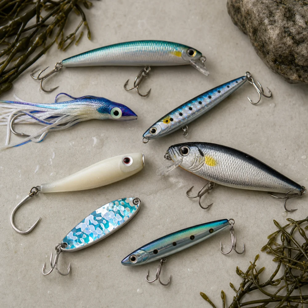 Generic saltwater fishing lures arranged on a neutral surface