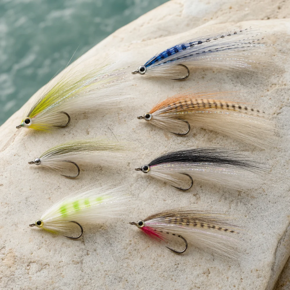 Assorted saltwater flies arranged on a neutral background