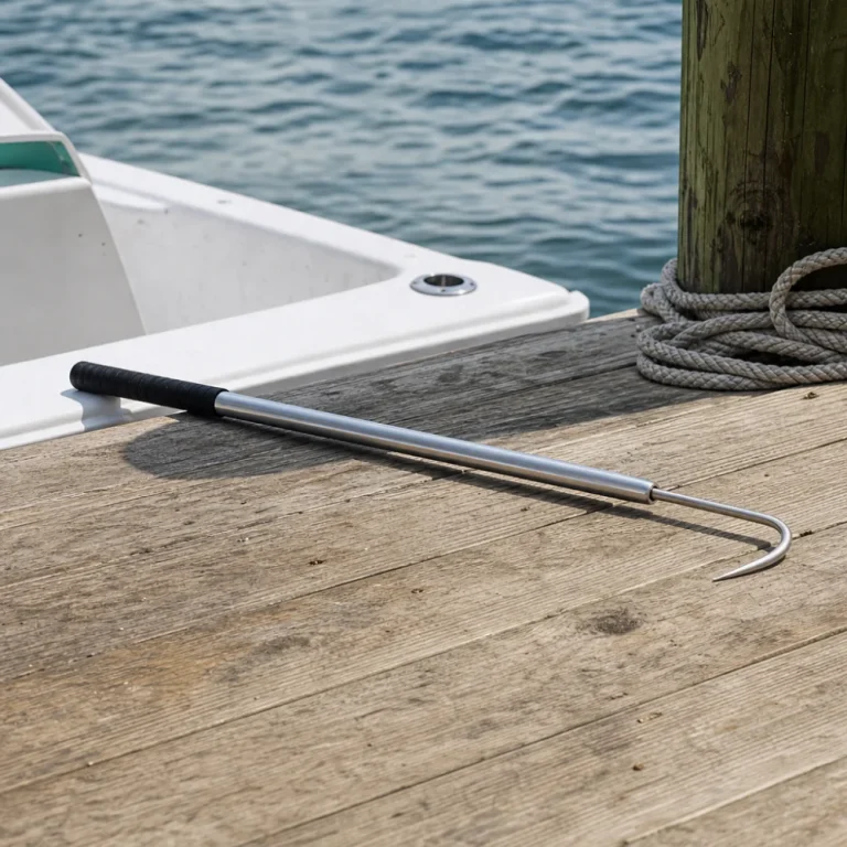 A saltwater gaff resting beside fishing gear on a boat deck