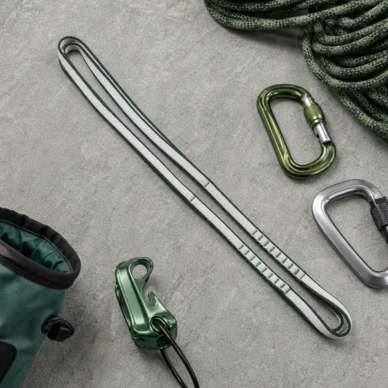 A generic sewn runner with climbing hardware on a neutral surface.