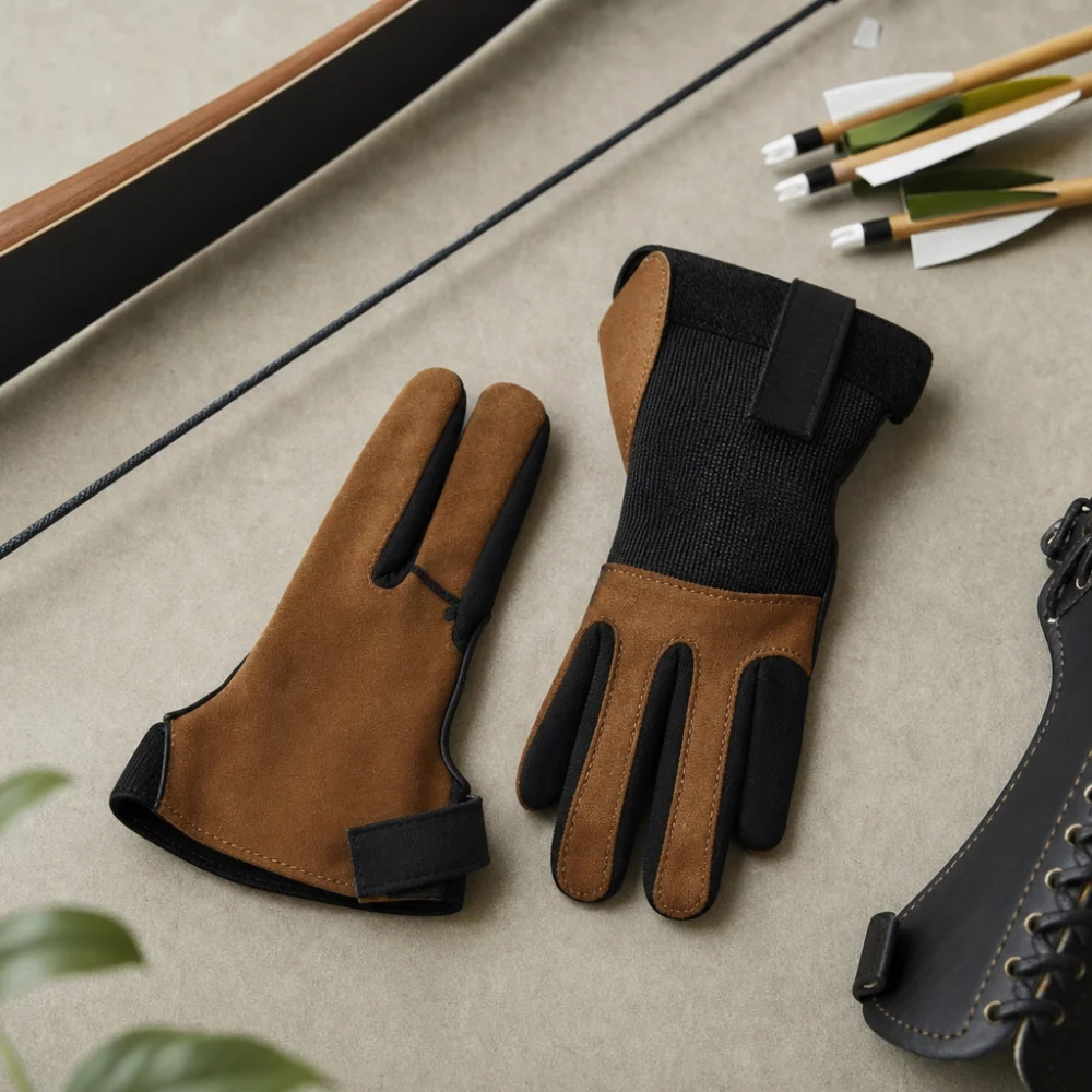 Unbranded archery shooting gloves displayed with simple archery gear on a neutral background.