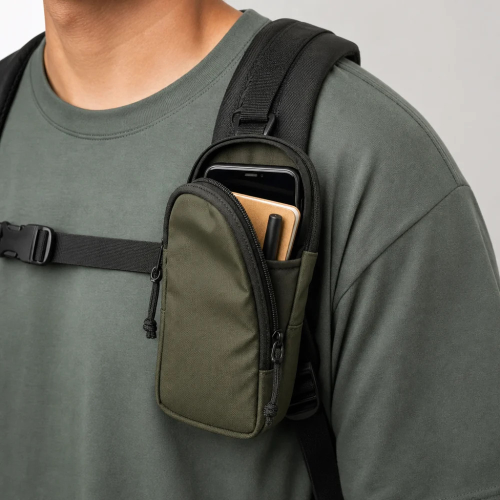 A small shoulder strap pouch attached to a pack strap on a neutral background.