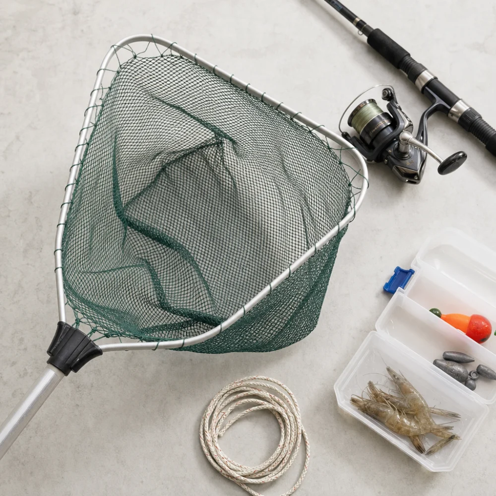 A shrimp net laid out with simple saltwater fishing gear on a neutral background.
