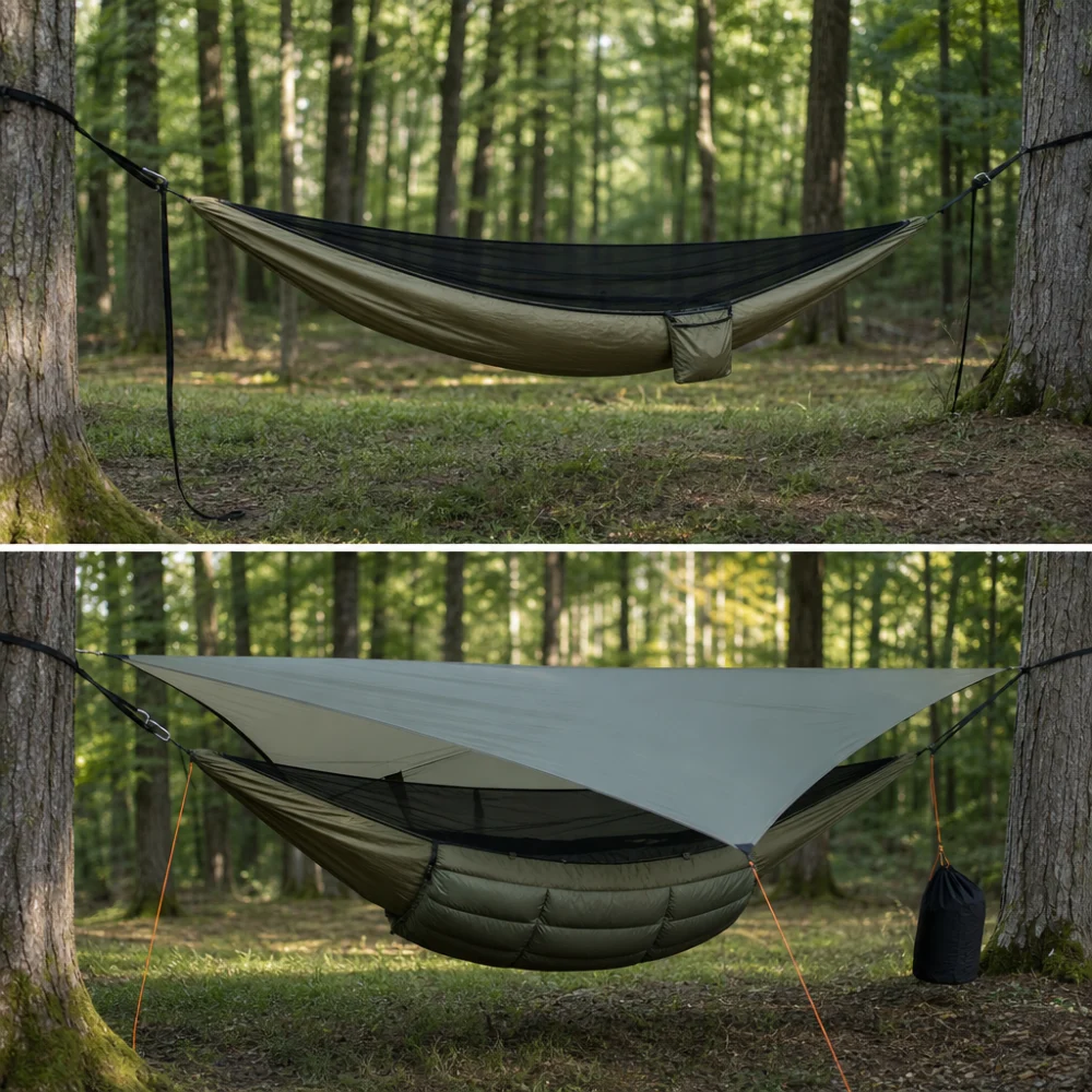 Two camping hammock setup styles shown side by side for comparison