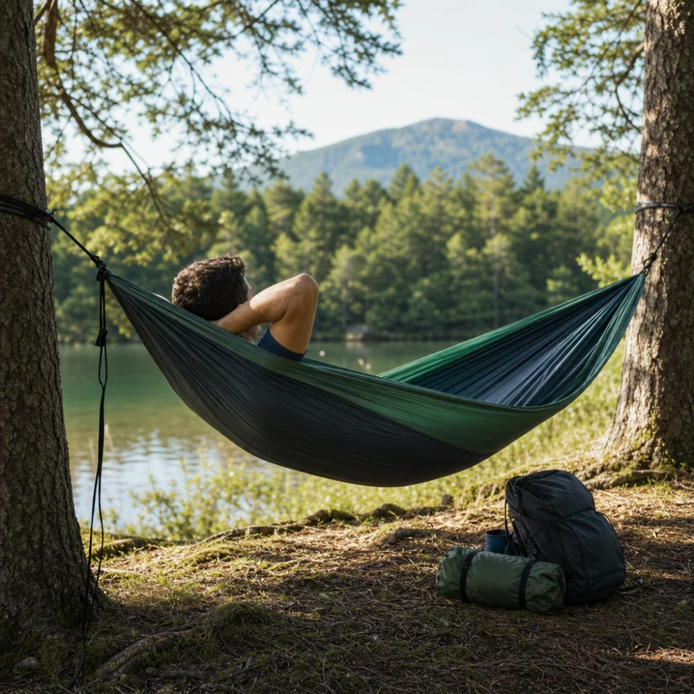 A single camping hammock hung between two trees at a campsite