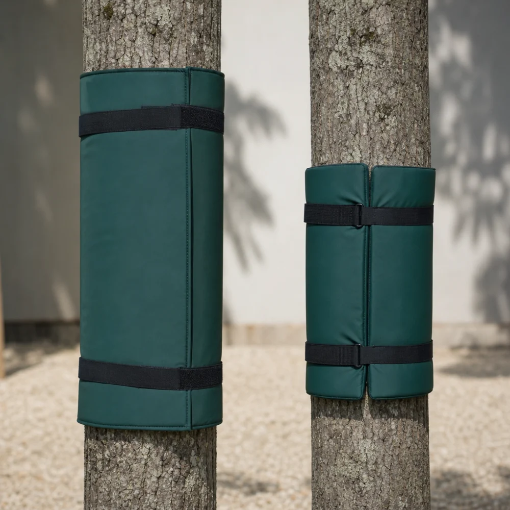 Two styles of slackline tree protection shown side by side