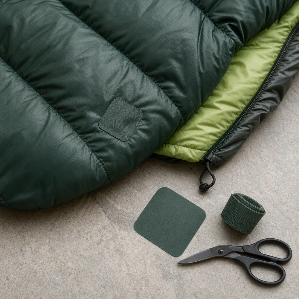 Sleeping bag corner with a small repair patch and basic repair materials on a plain background
