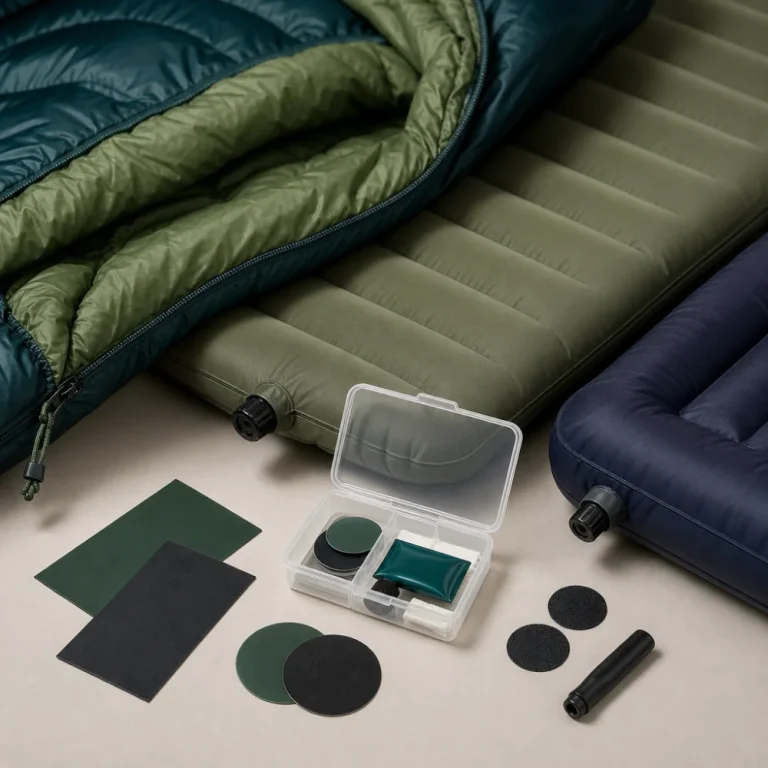 Sleeping bag, sleeping pad, and repair kit on a plain surface