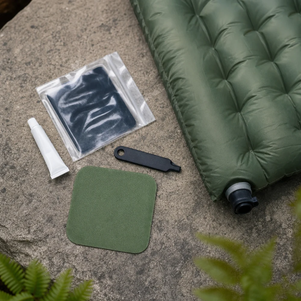 Flat lay of generic sleeping pad repair items on a neutral surface
