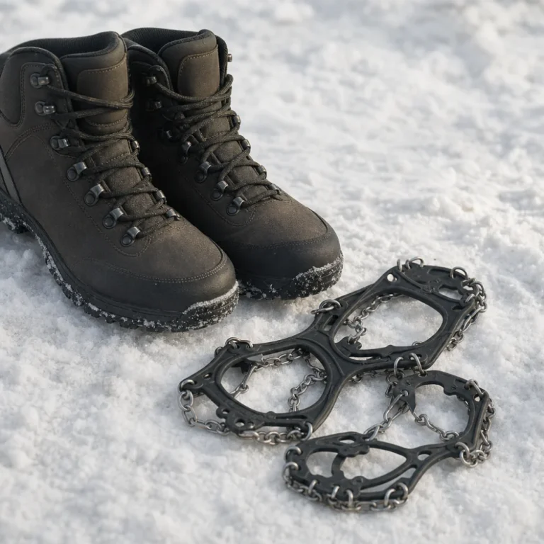 Snow traction devices displayed beside winter boots on snow