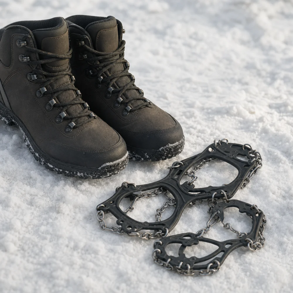 Snow traction devices displayed beside winter boots on snow
