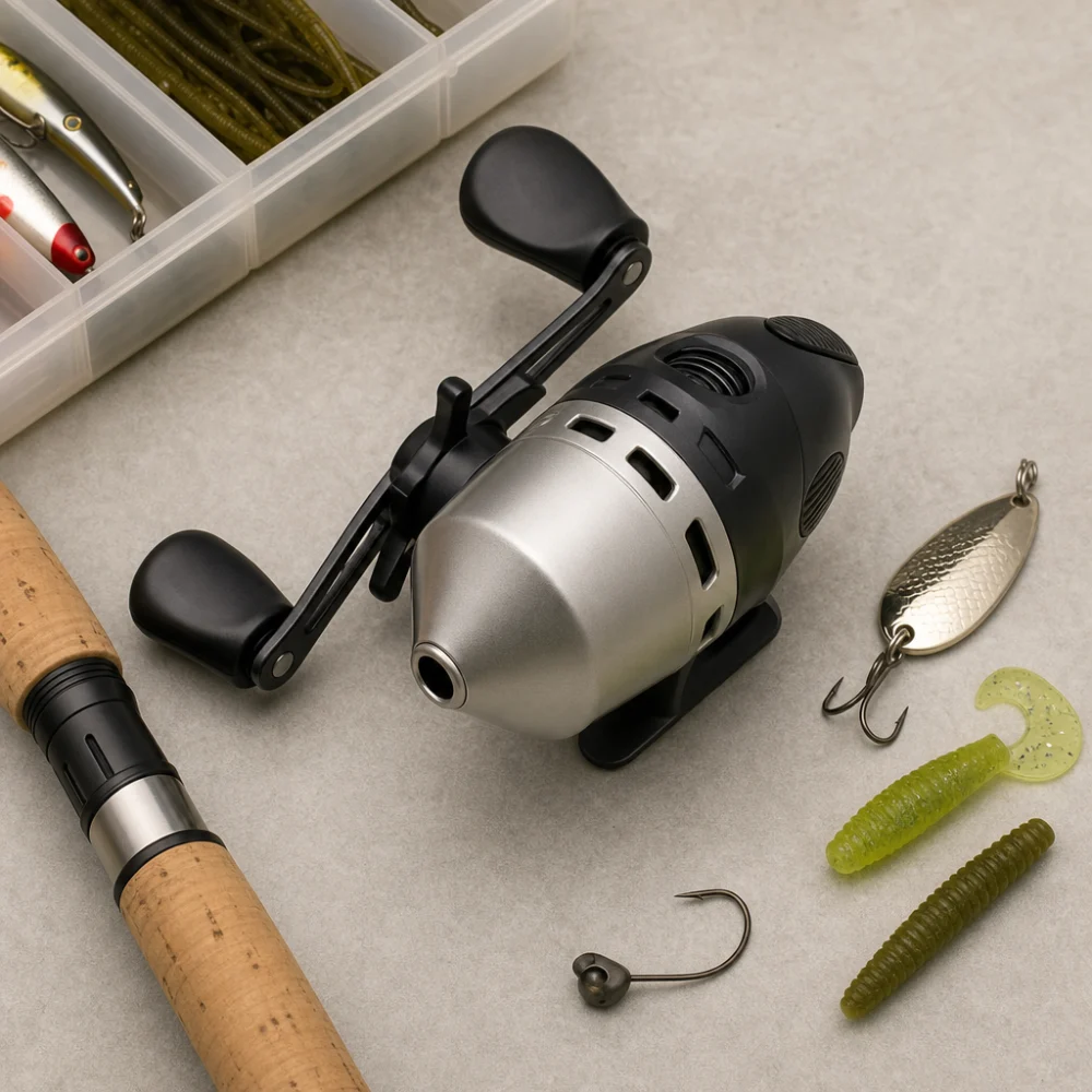 A generic spincast fishing reel and basic tackle on a neutral background