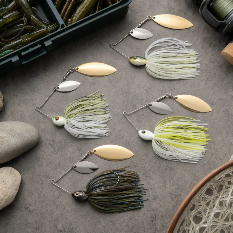 Several spinnerbaits arranged on a neutral background with simple fishing tackle