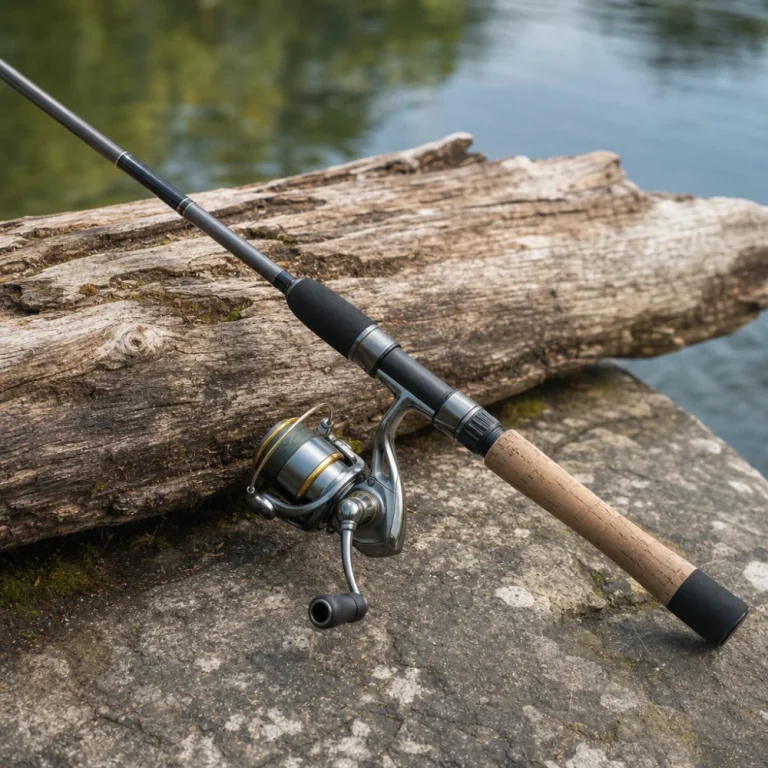 A generic spinning rod and reel combo on a neutral outdoor background.