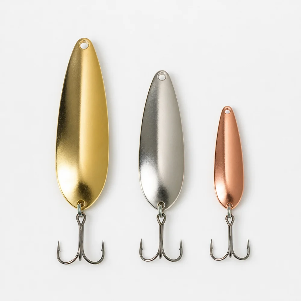 Three generic fishing spoon silhouettes showing different shapes and sizes