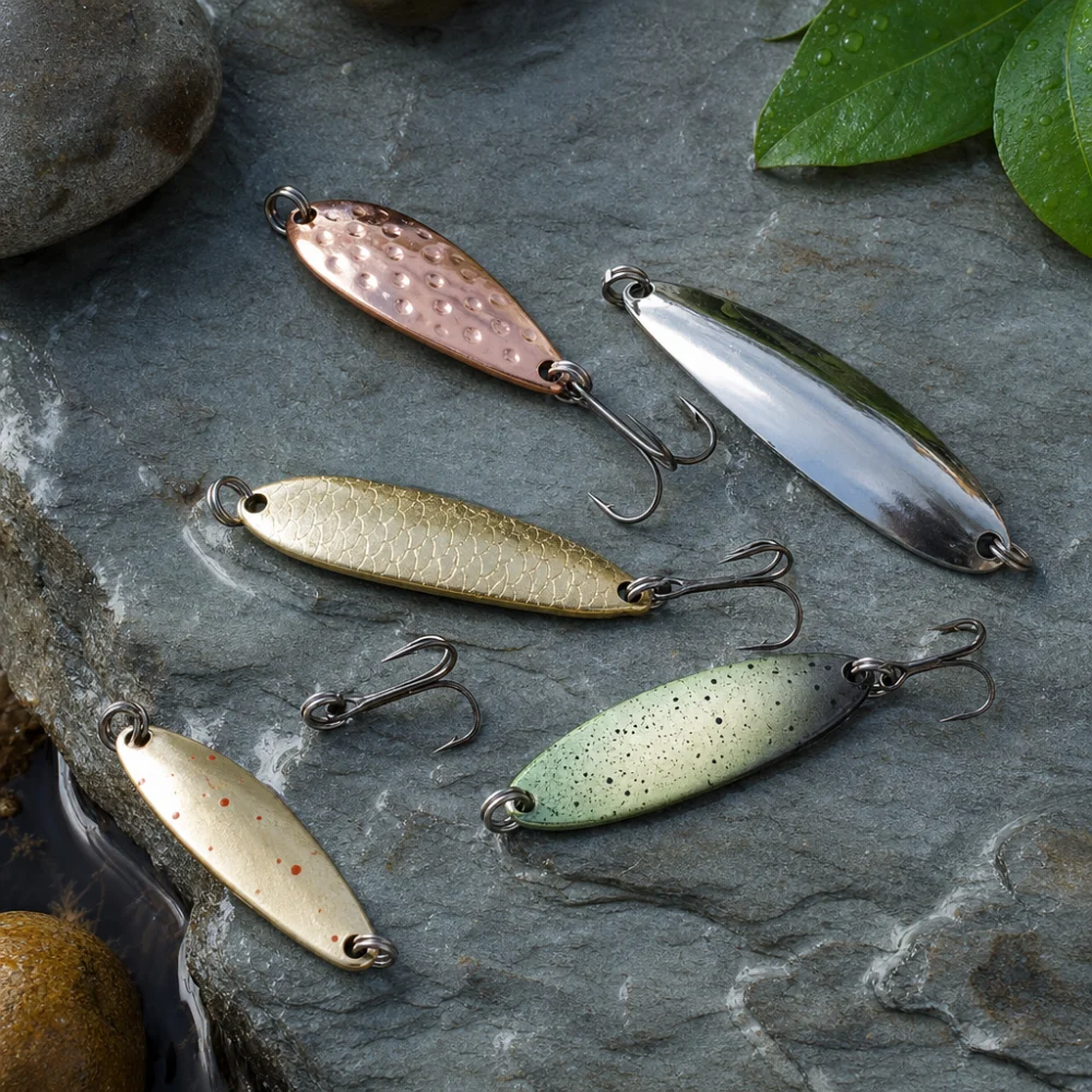 Several generic fishing spoons arranged on a neutral background