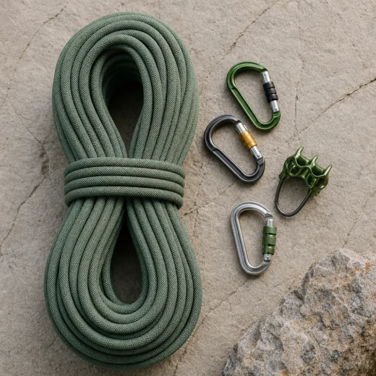 A coiled climbing rope with a few plain climbing accessories on a neutral surface.