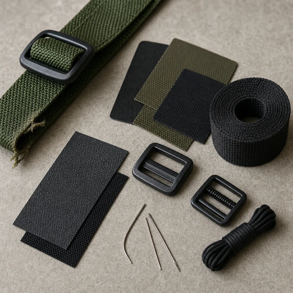 Assorted strap repair materials arranged beside a worn strap section on a neutral background.