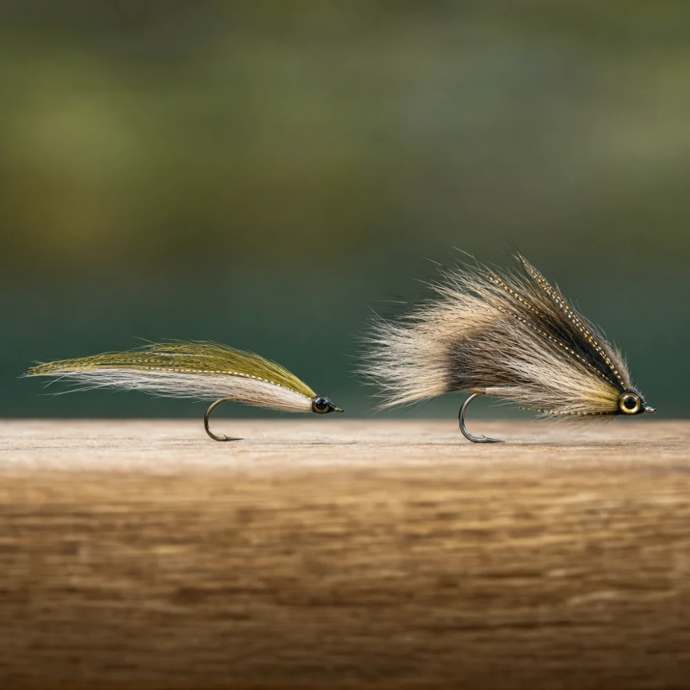 Two streamer flies with different profiles shown side by side on a neutral background.