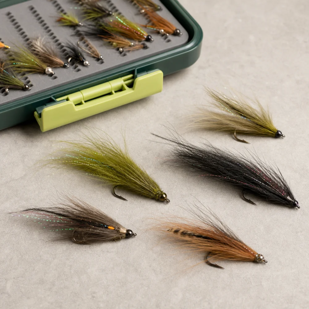 Assorted streamer flies arranged beside a fly box on a neutral background.