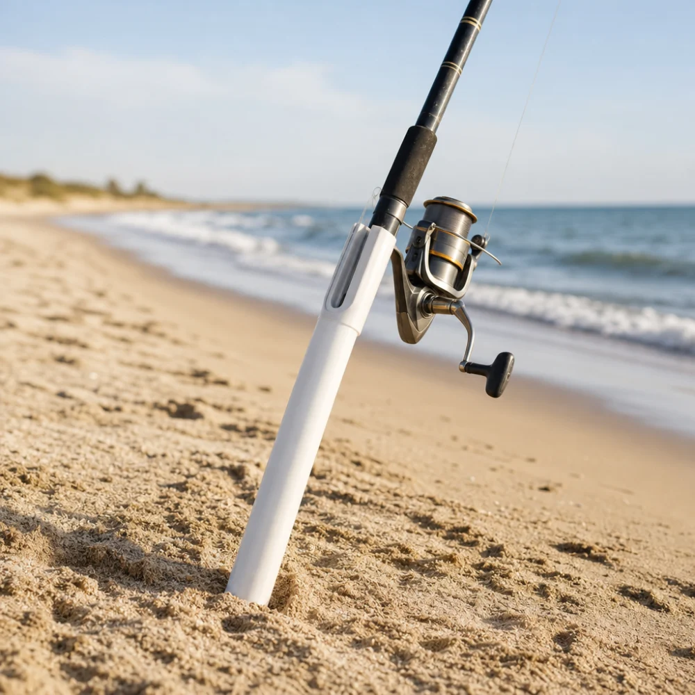 Surf fishing rod holder standing in sand near the shoreline
