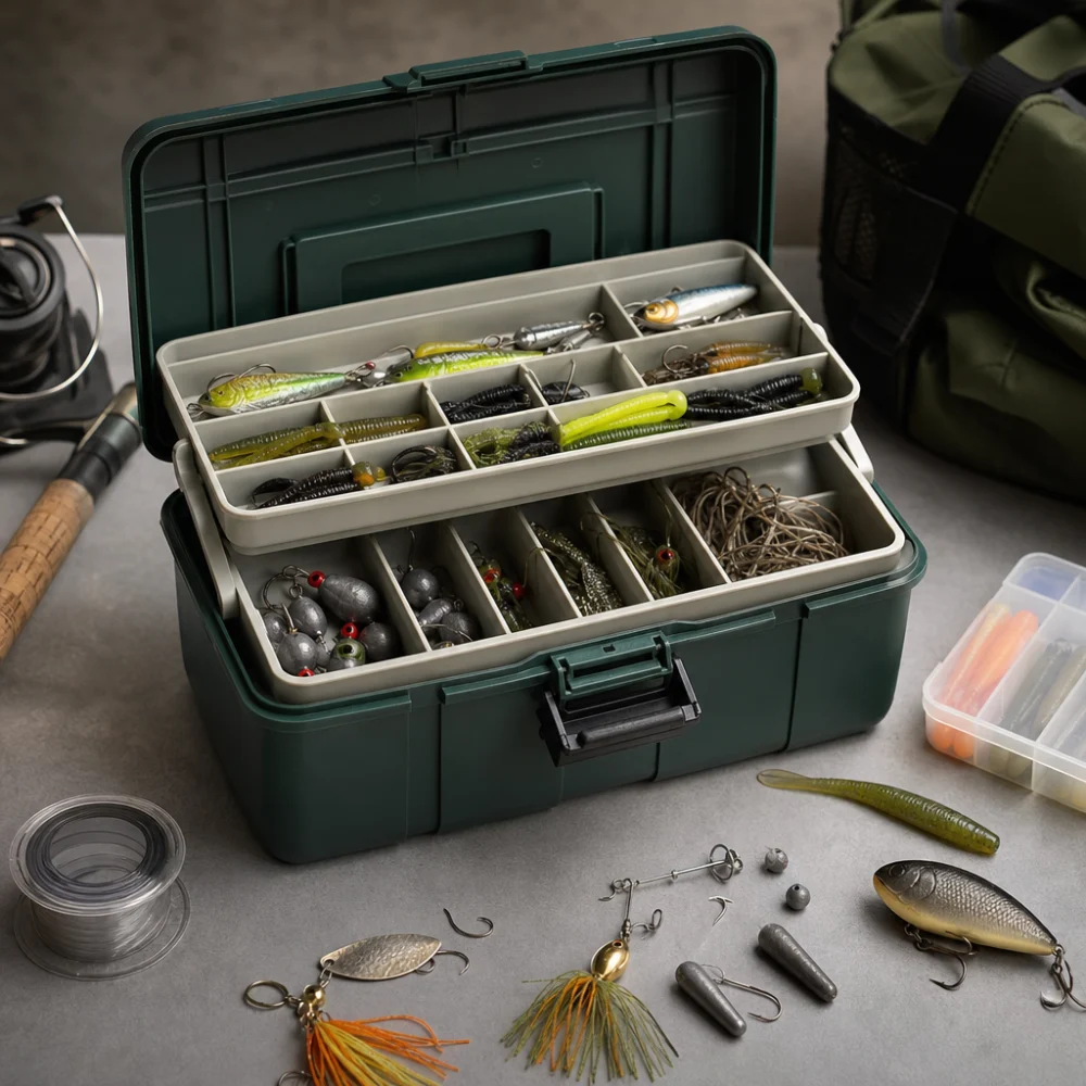 Open tackle box with organized fishing accessories on a neutral background.