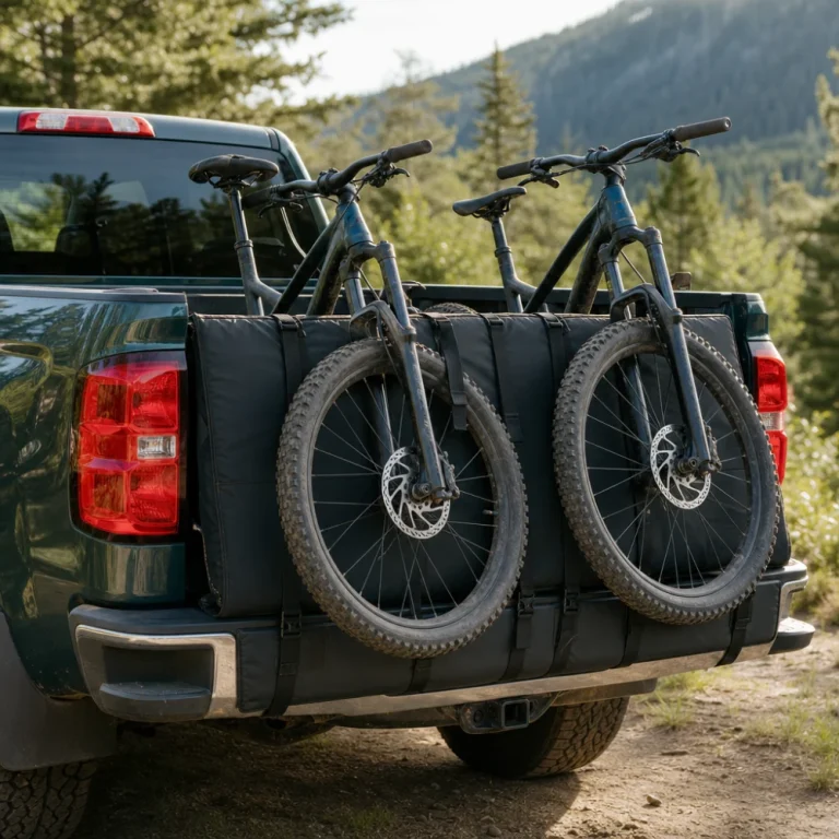 Pickup truck tailgate with a padded bike-carrying accessory and bicycles loaded for transport.