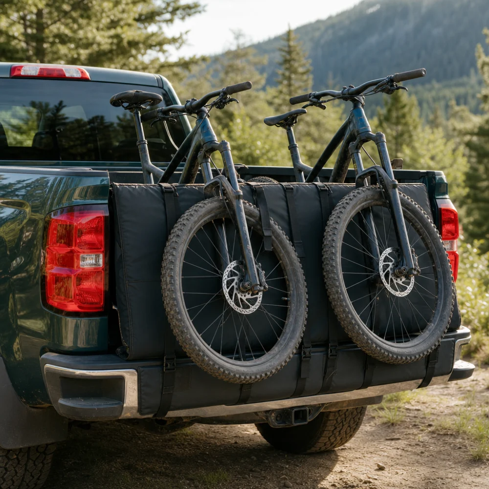 Pickup truck tailgate with a padded bike-carrying accessory and bicycles loaded for transport.