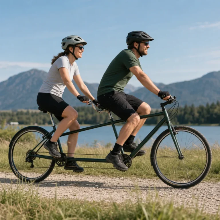 Two riders on a tandem bicycle riding outdoors on a simple path.